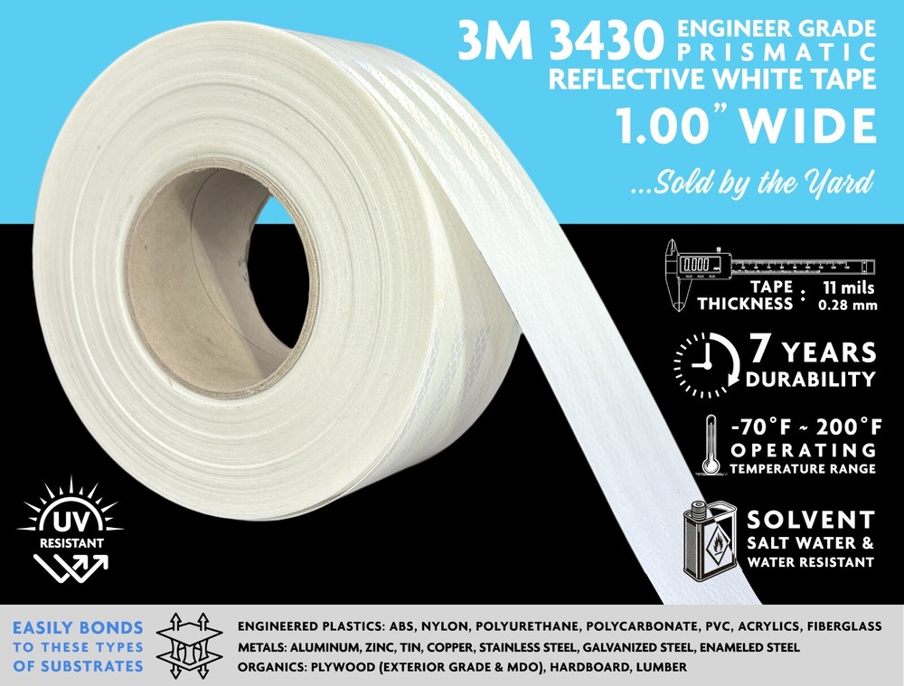 3M 3430 ENGINEER GRADE PRISMATIC TAPE, WHITE, 1.00″ WIDE, SOLD BY THE YARD!