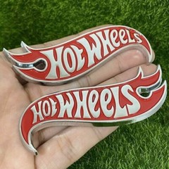 2x Metal Red Silver Hot Wheels Fender Lid Hood Badge Hotwheels Decal Emblem