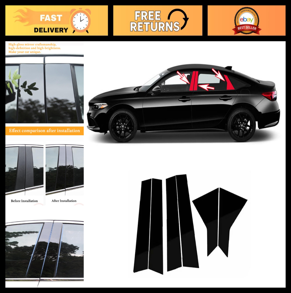 6pcs Black Car Window Pillar Stickers for Honda Civic 2022-2025, Trim Protection
