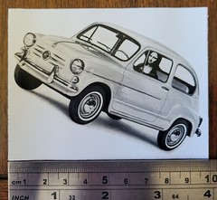 Car Sticker – Fiat 600 with Mona – Set of 4 – 100mm Rectangle