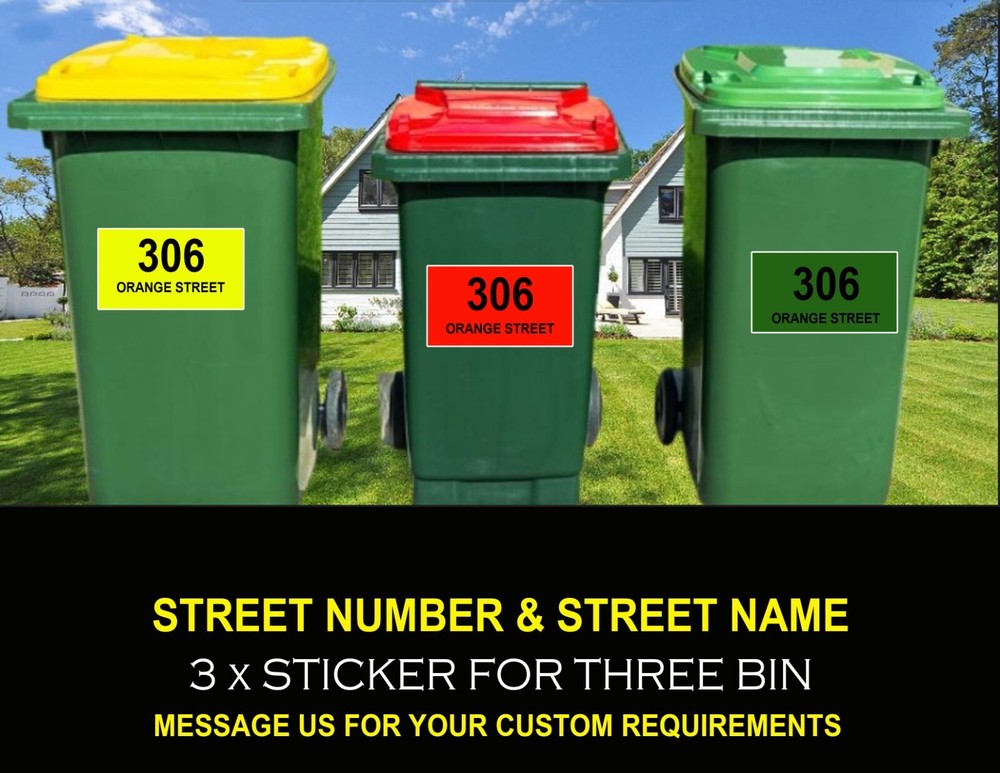 3 X CUSTOM BIN STICKER, WATERPROOF VINYL STICKER SIZE EACH W20.5 X H8.5CM APPROX