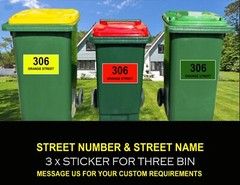 3 X CUSTOM BIN STICKER, WATERPROOF VINYL STICKER SIZE EACH W20.5 X H8.5CM APPROX