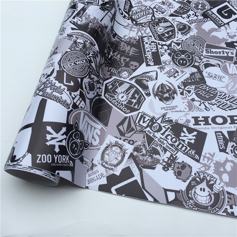【Sticker Bomb】 Black White Vinyl Wrap Decal Film Graffiti JDM USDM Sheet DIY USA