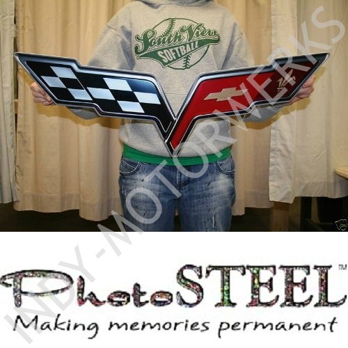 CORVETTE CROSSFLAG WALL EMBLEM LARGE METAL ART C6 05-13 FULL 32″ BY 12″ SIGN NEW
