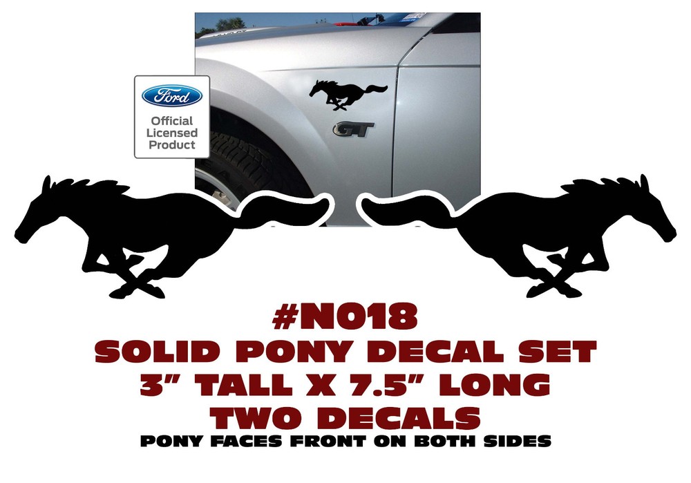 N018 FORD MUSTANG – 3″ TALL SOLID PONY DECAL SET – RUNS FORWARD ON BOTH SIDES