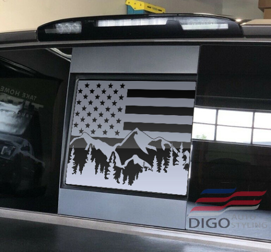 Fits 2013 – 2023 Nissan Titan Back Window American Flag Decal Sticker Mountains