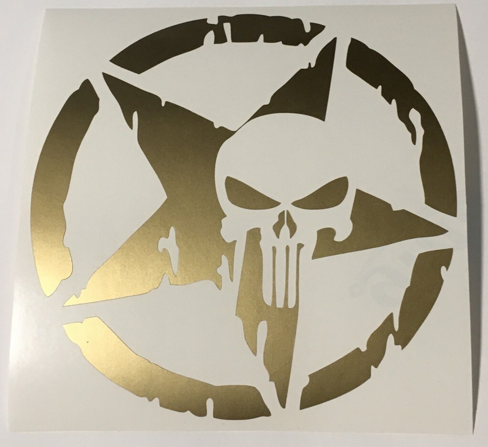 Gold Circled Star Punisher Skull Vinyl Sticker Decal Approx 5.5 X 5.5 Inches