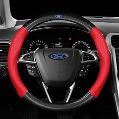 15″/38cm Pinhloe Red Leather Car Steering Wheel Cover Carbon Fiber for Ford