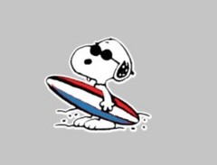 Surf Snoopy vinyl decal, 5 x 4.5 in, Ora 651 black , white, red, blue, free shi