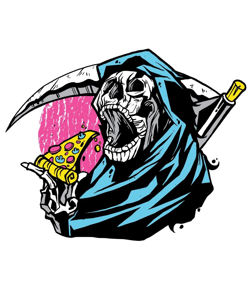 3” Grim Reaper Eating Pizza Sticker Skeleton Skull Breaktime Skateboard Scythe