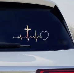 GLITTER Cross Heart Pulse 7” Vinyl Sticker Decal Christian Religious God Jesus