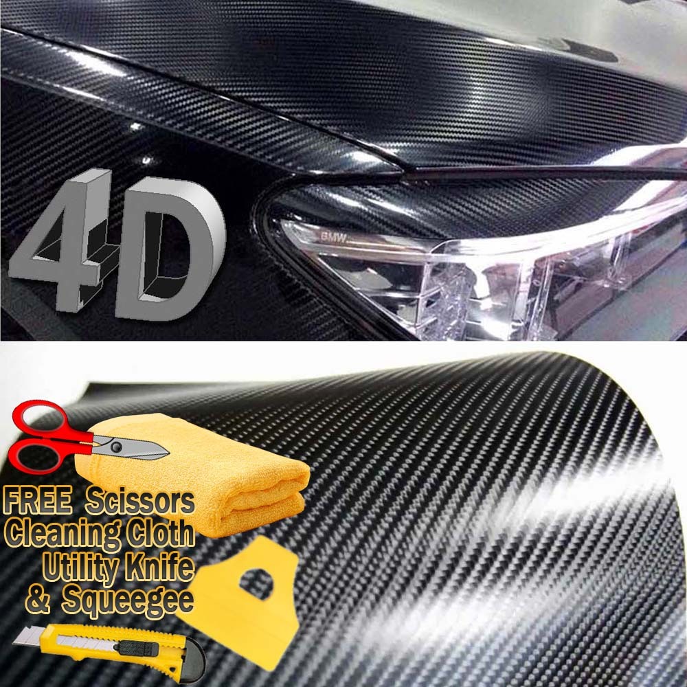 10 ft x 1 ft Gloss Black 4D Carbon Fiber Vinyl Wrap Bubble Air Free 120″ x 12″