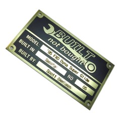Gold brass Built Not Bought custom manufacturer vin name plate etched