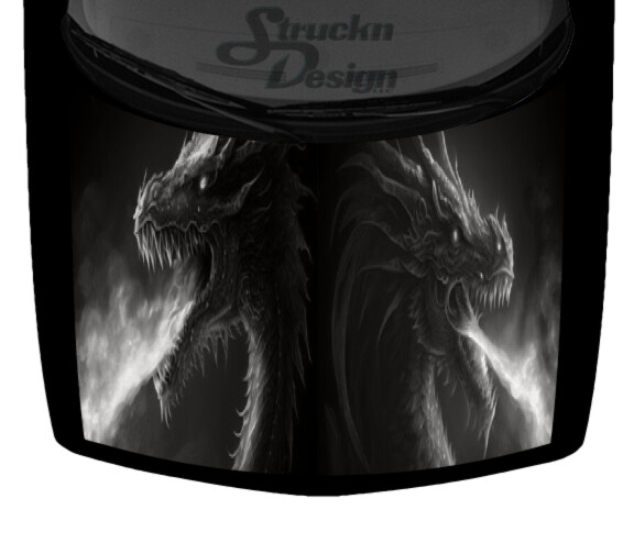 Gray Twin Fire Breathing Dragon Menacing Hood Wrap Vinyl Graphic Decal 58″ x 65″