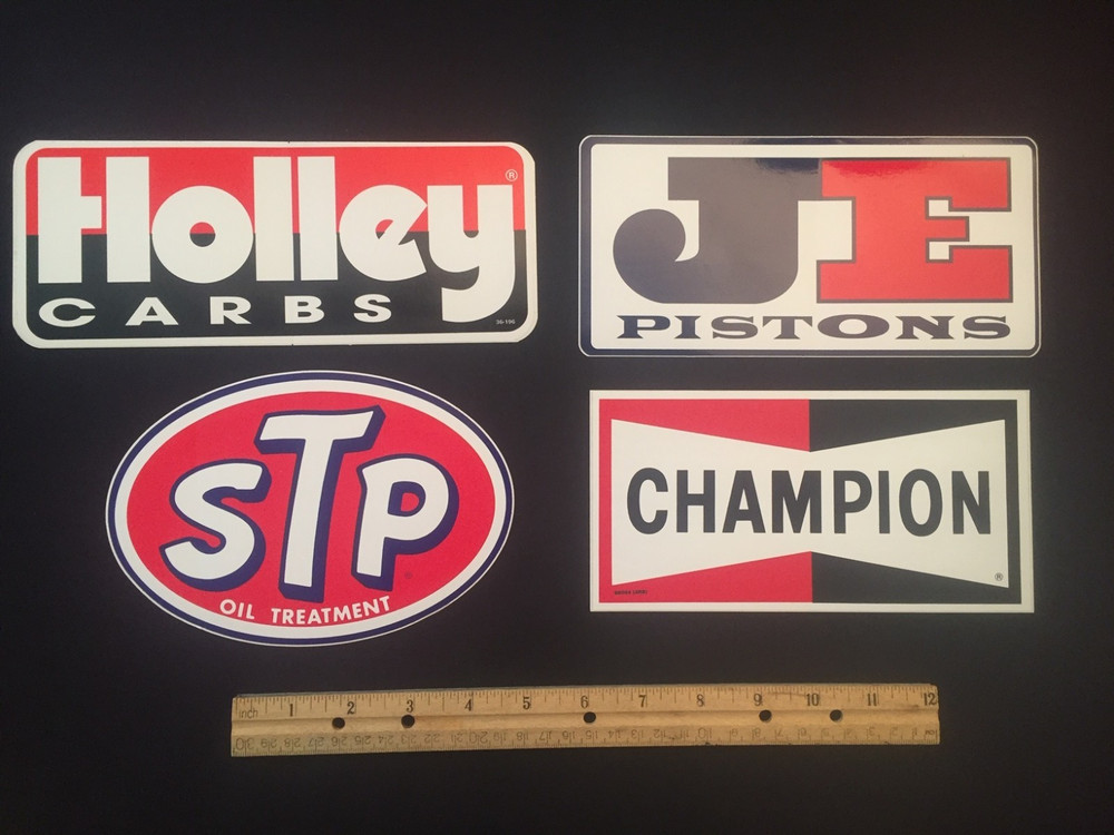 (4) Decal / Sticker LOT – Garage Auto Toolbox – STP, Holley, Champion, JE – NICE