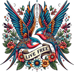 Retro Birds Sticker 4″ Vintage Love Design Live Free Flowers Old School
