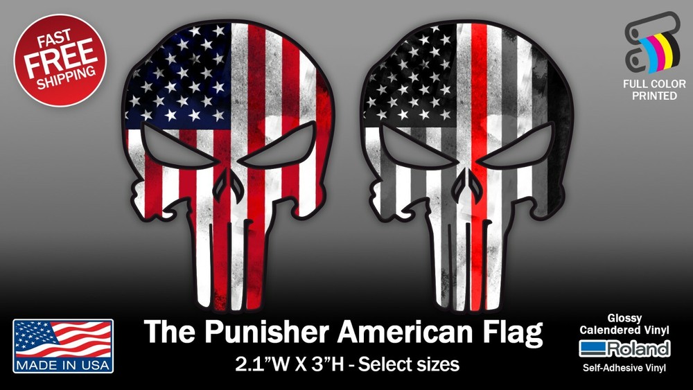 THE PUNISHER AMERICAN FLAG & THIN RED LINE SKULL FULL COLOR STICKERS