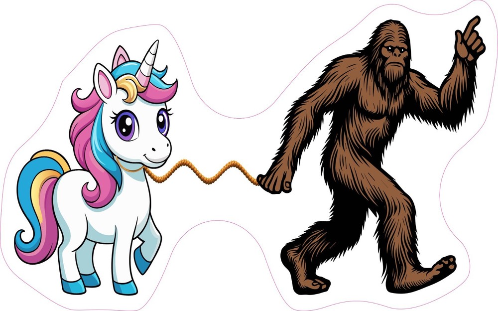Bigfoot Walking a Unicorn Believe Option 1 Vinyl Bumper Sticker Window Decal