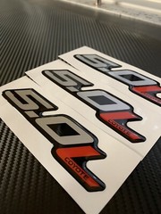 (3) Gel-coated 5.0L COYOTE emblems badges Ford F-150 4.75in Silver/red black