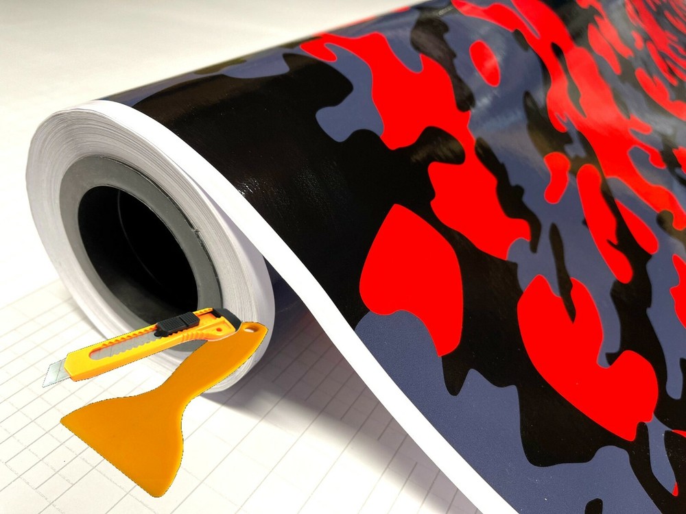 Red Black Gray Glossy Camouflage Vinyl Car Wrap Sheet +Free Tools (2 feet & up )