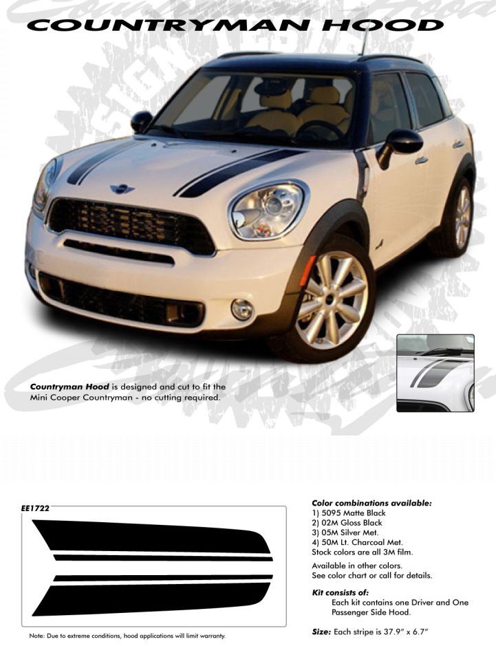 Countryman Hood Racing Vinyl Graphics Decals Stripes for 2010-2016 Mini Cooper