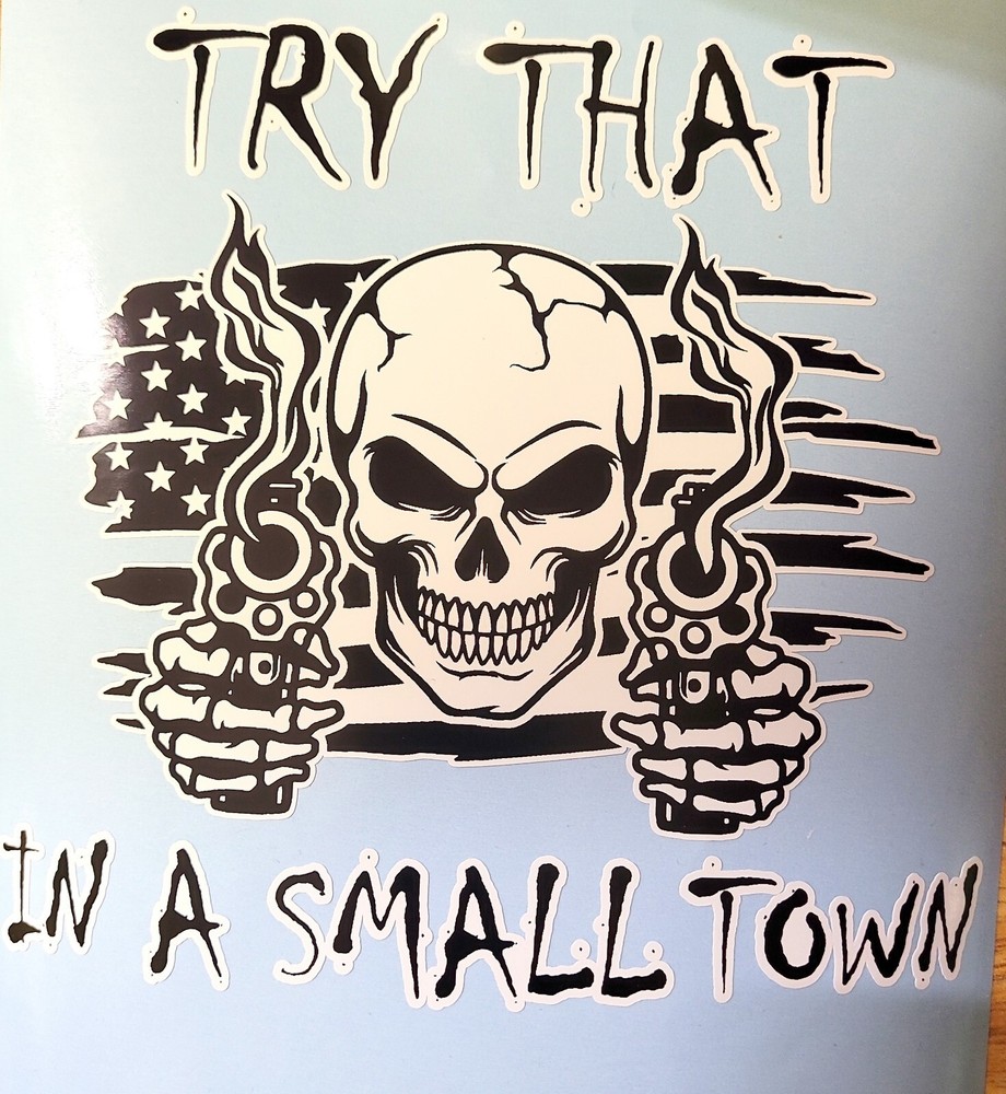 TRY THAT IN A SMALL TOWN SKULL FLAG WITH SMOKING GUNS WINDOW VINYL DECAL
