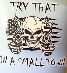 TRY THAT IN A SMALL TOWN SKULL FLAG WITH SMOKING GUNS WINDOW VINYL DECAL
