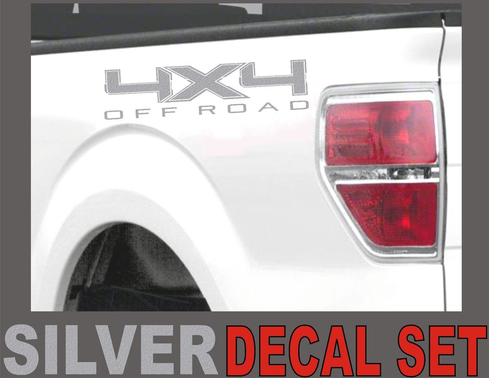 4×4 OFF ROADTruck Bed Decals, SILVER METALLIC (Set) for Ford F-150 & Super Duty