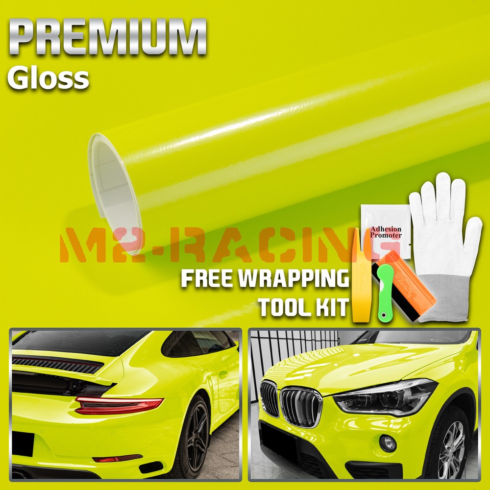 Gloss Glossy Lime Yellow Green Vinyl Wrap Sheet Sticker Decal Air Release Film