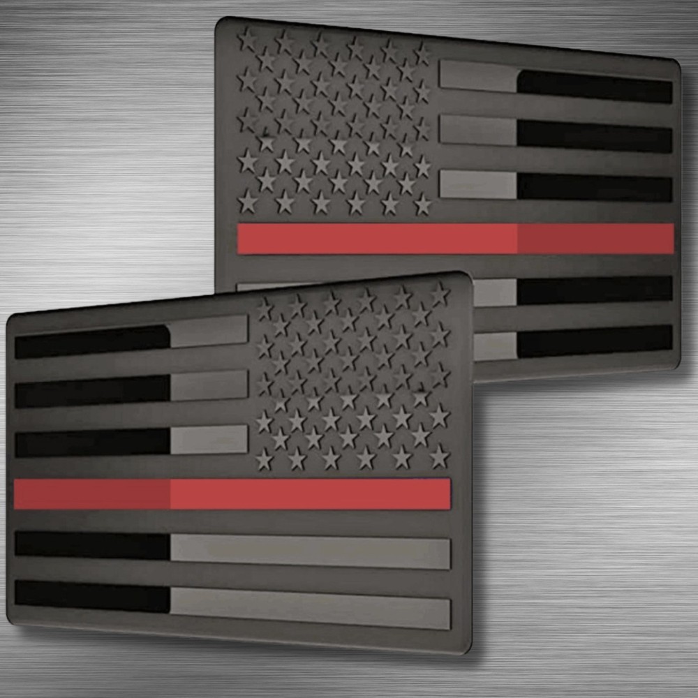 Embossed 3D Metal Black and Red Line American Flag Emblem Decal Stickers 1 Pair