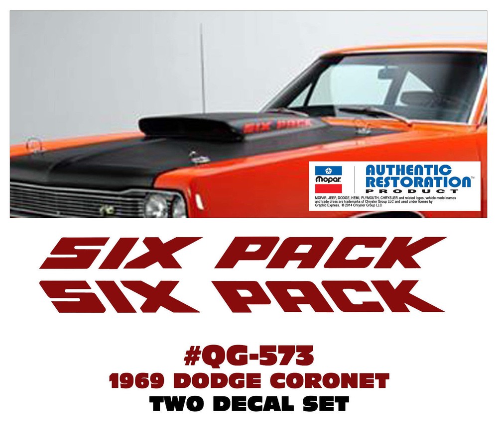 GE-QG-573 1969 DODGE CORONET – SUPER BEE SIX PACK GLASS HOOD SCOOP DECAL SET