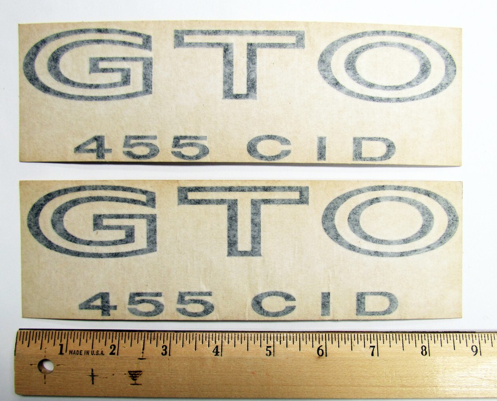 One Pair (Two Pieces) GTO 455 CID Decals, Black – NOS from Original Purchaser