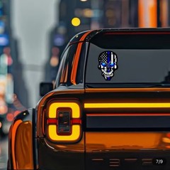 3 Pack 8” INCH Reflective LED Blue Eyes Black American Flag Skull Sticker Decal