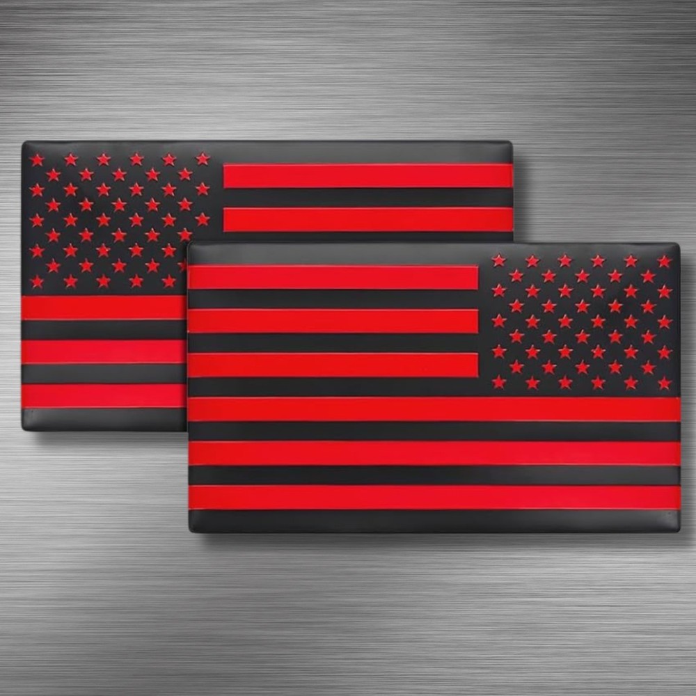 Embossed 3D Metal All Black and Red American Flag Emblem Decal Stickers 1 Pair