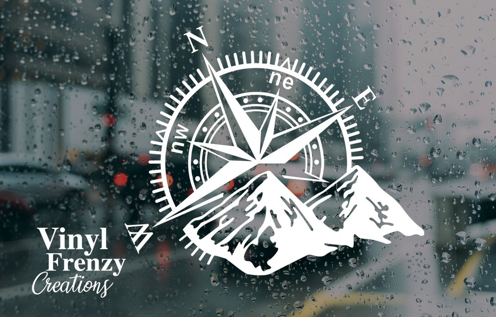 compass with mountains outdoor vinyl decal – permanent adhesive vinyl sticker
