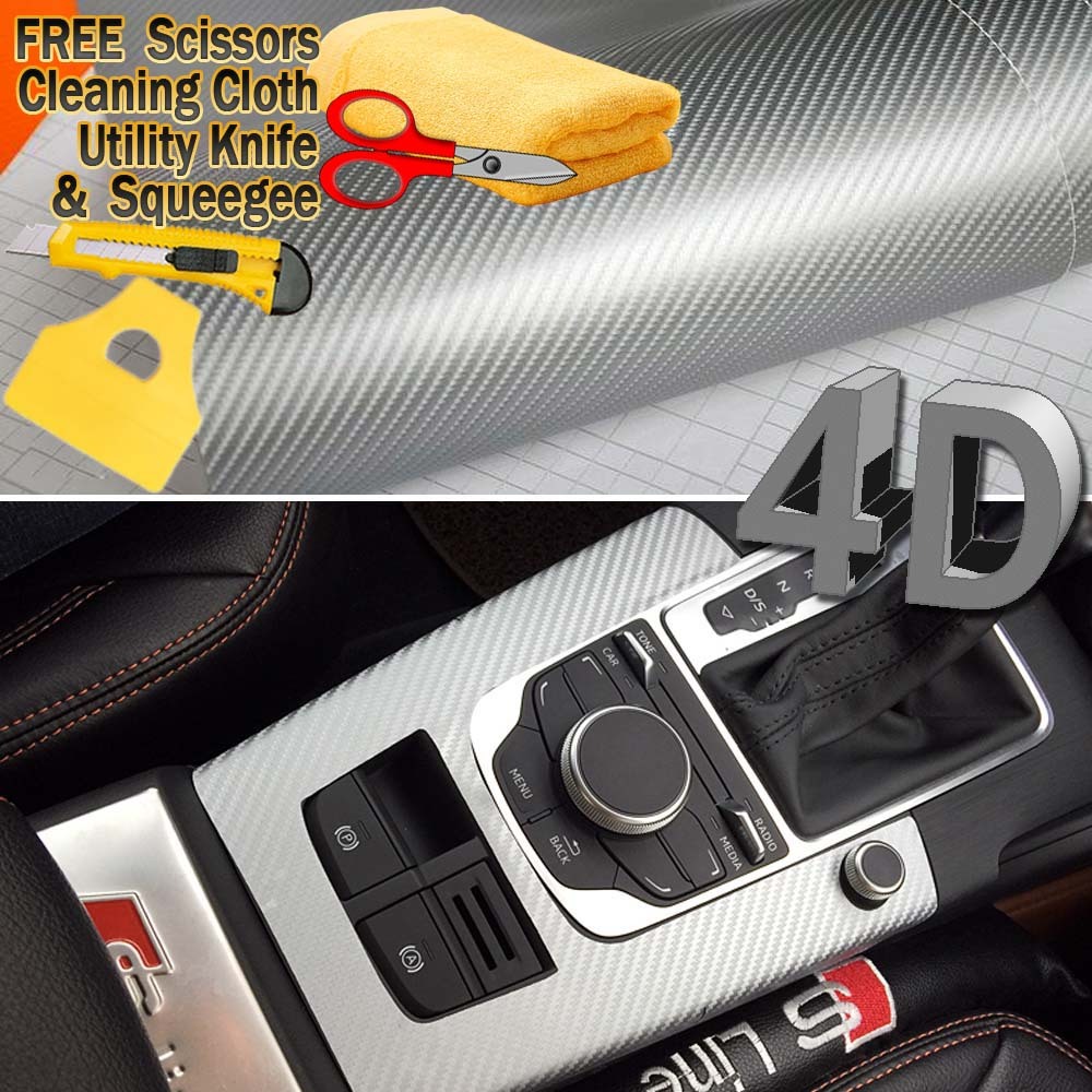 84″ x 60″ Premium Gloss Silver Carbon Fiber 4D Vinyl Film Wrap Air Bubble Free