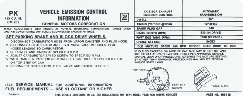 1974 Firebird 455-4V with Automatic Transmission Emission Decal (Code “PK”)