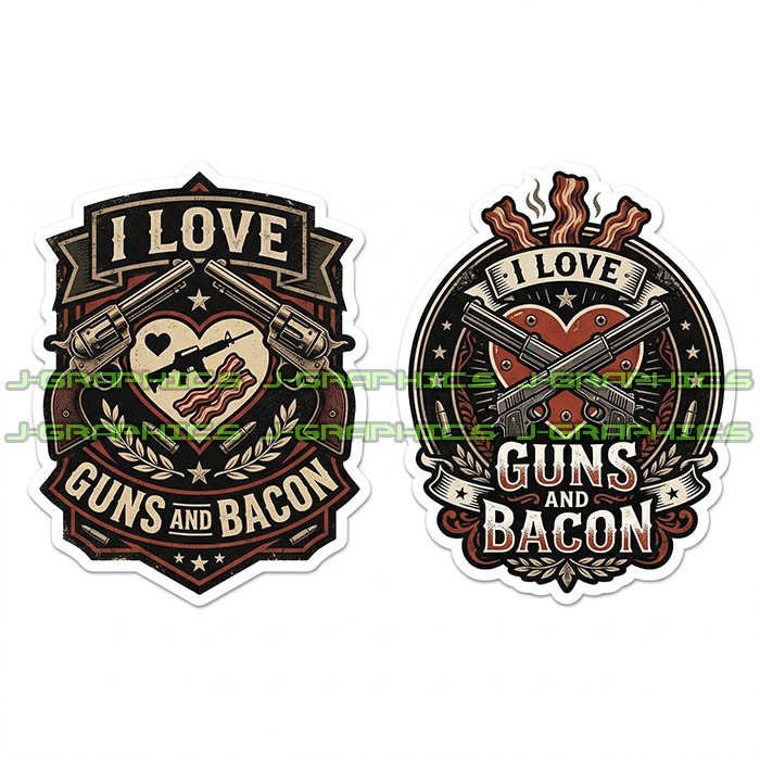 I Love Guns and Bacon Vinyl Decal Sticker 2 Pack A
