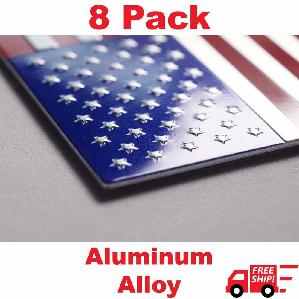 (8 Pack) Aluminum US American Flag Sticker Decal | Auto Car Emblem 3.15″x1.75″