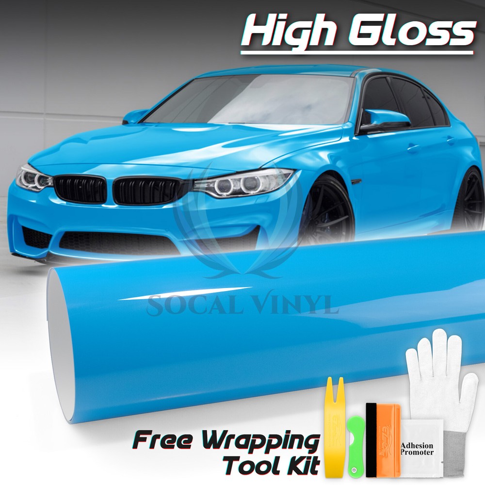High Gloss Sky Blue Glossy Car Vinyl Wrap Sticker Decal Sheet Film Air Release
