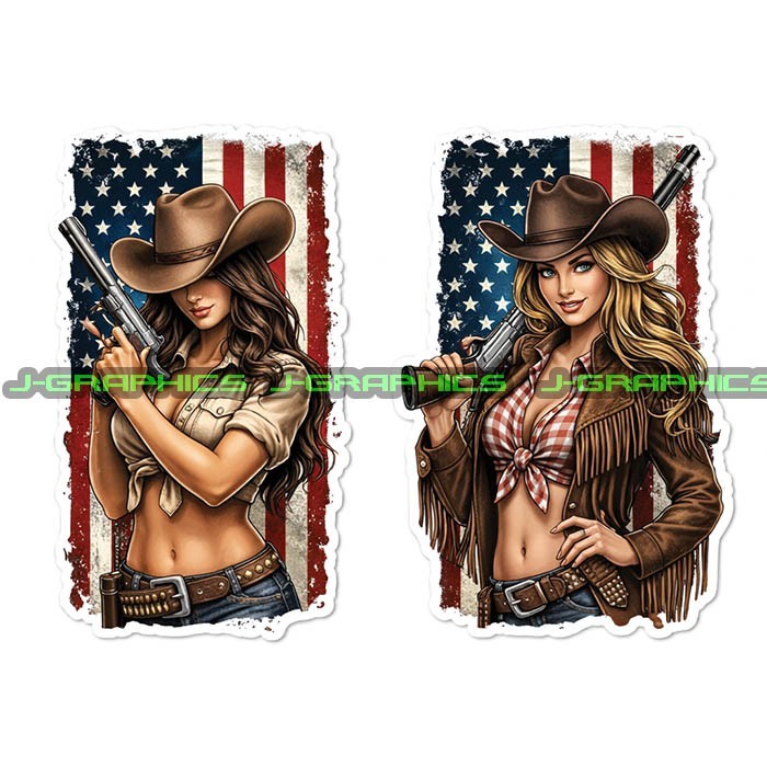 Cowgirl American Flag Patriotic Western Vinyl Decal Sticker 2 Pack A