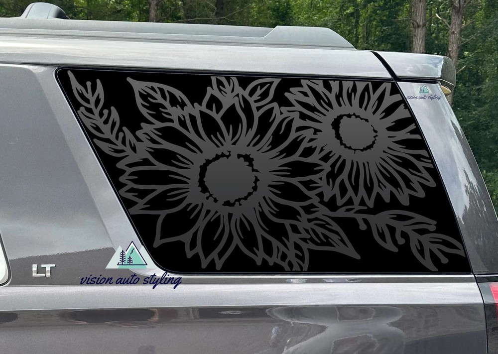 Fits 2015-2020 GMC Yukon Quarter Window Sunflowers Floral Decal Sticker Black1