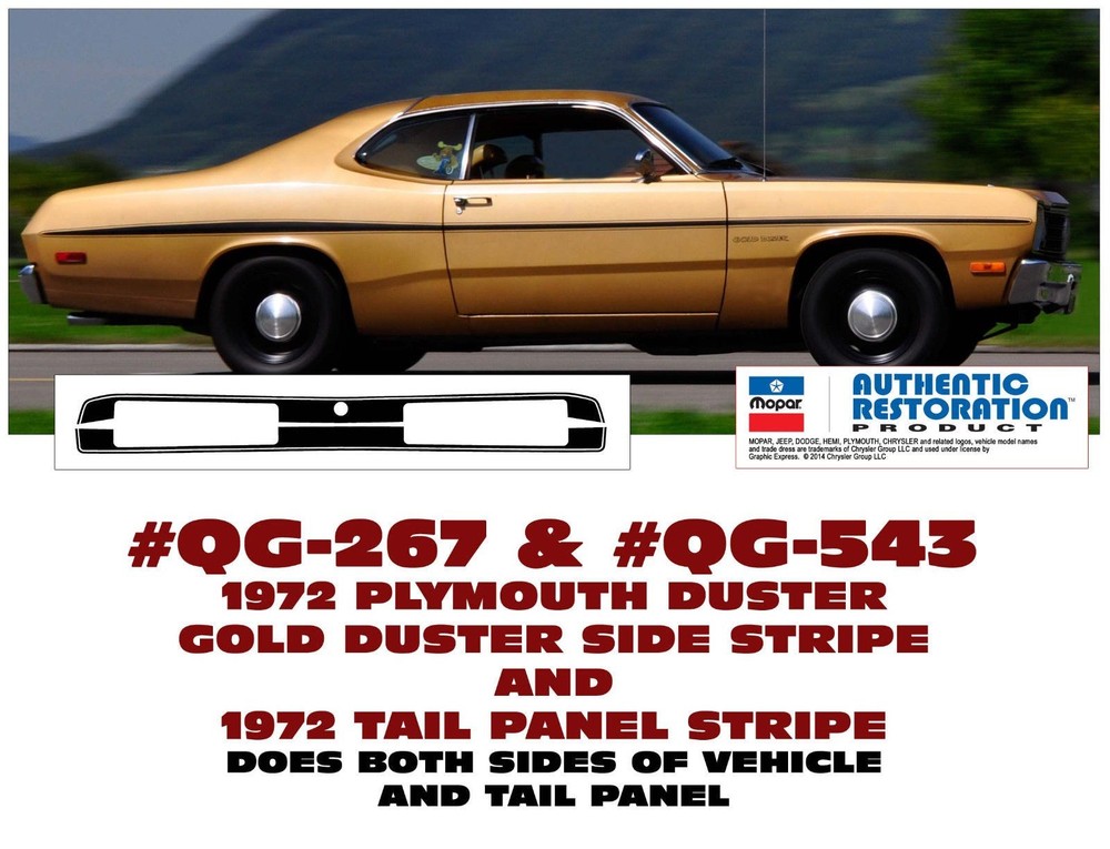 GE-QG-267 QG-543 1972 PLYMOUTH GOLD DUSTER – SIDE STRIPE & TAIL PANEL STRIPE