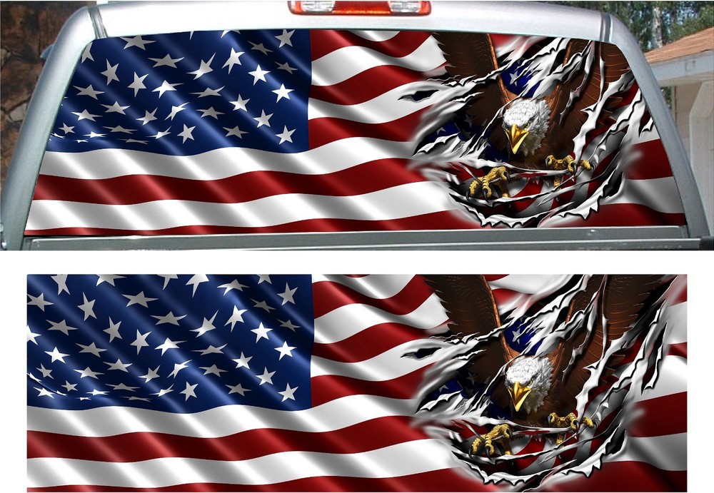 American flag eagle tear rip rear window view thru graphic decal wrap