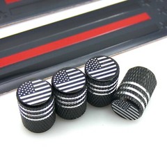 [BUNDLE] Thin Red Line Flag Sticker Emblem Decal 6″ x 1″ + Tire Valve Cap Set