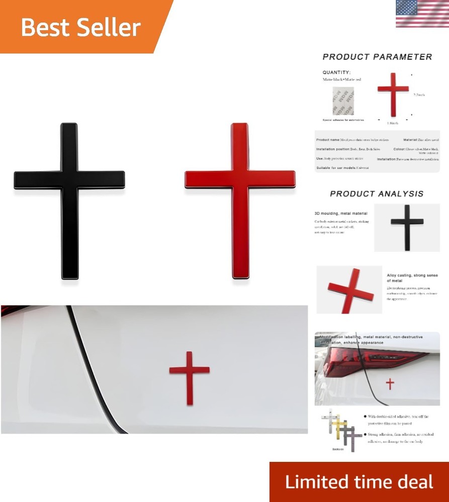 Elegant Black+Red 3D Metal Jesus Cross Badge Stickers for Cars – 2 Count