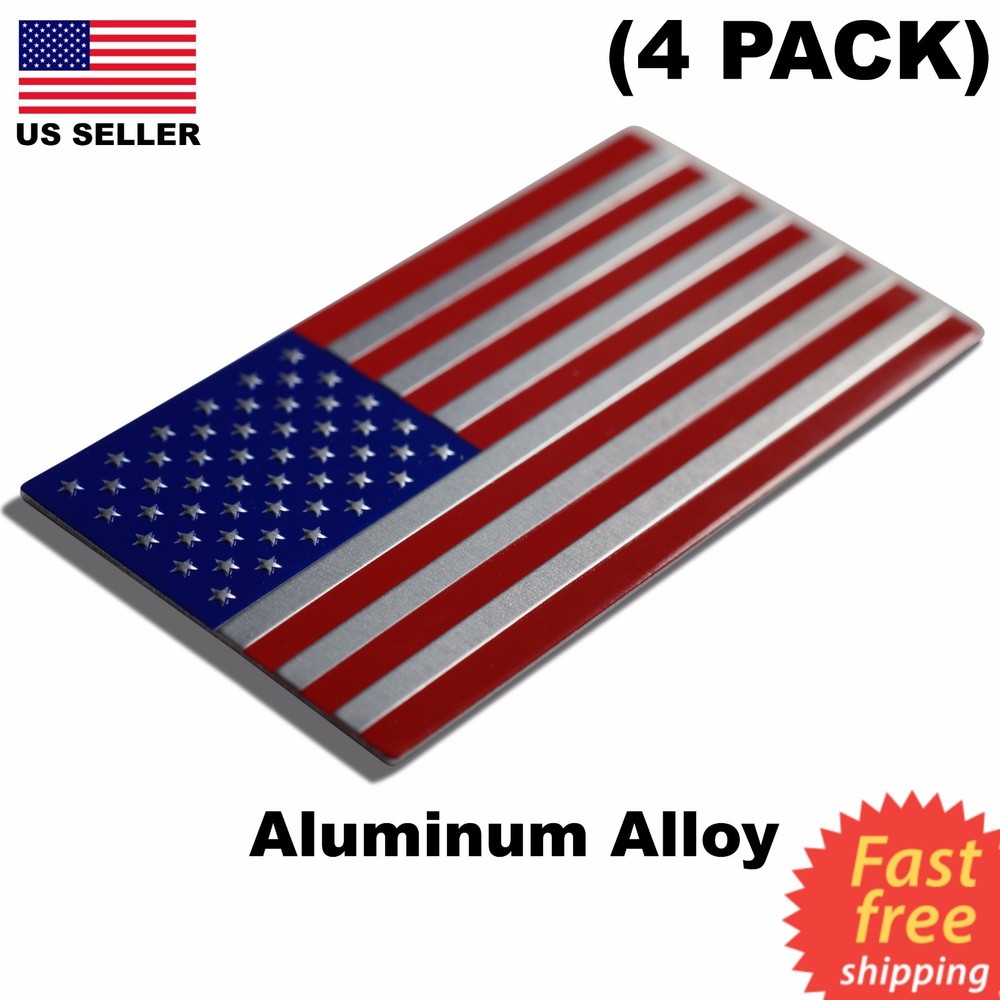 (4 PACK) ALUMINUM US Flag Sticker 3D Emblem Decal Patriotic USA 3.15″x1.75″