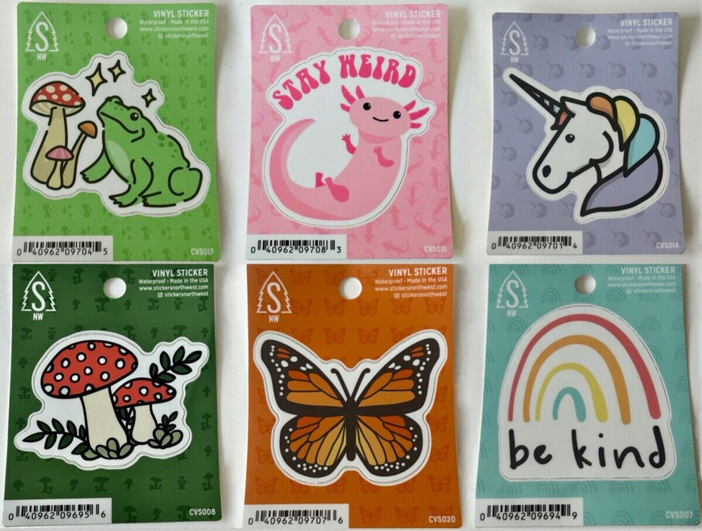 STICKERS Northwest 6 Vinyl Decal Sticker Lot FROG BUTTERFLY UNICORN BE KIND KIND