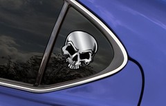 Chrome & Black Mean Skull Decal – 4.75″ wide x 5.5″ tall – Adhesive Install