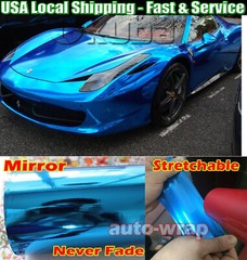 50FT x 5FT Stretchable Glossy Chrome Vinyl Film Sticker For Car Wrap Foil Blue
